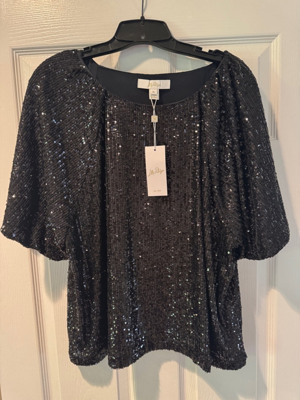NEW Lilly Pulitzer Black Sequin Puff-Sleeve Top- XL